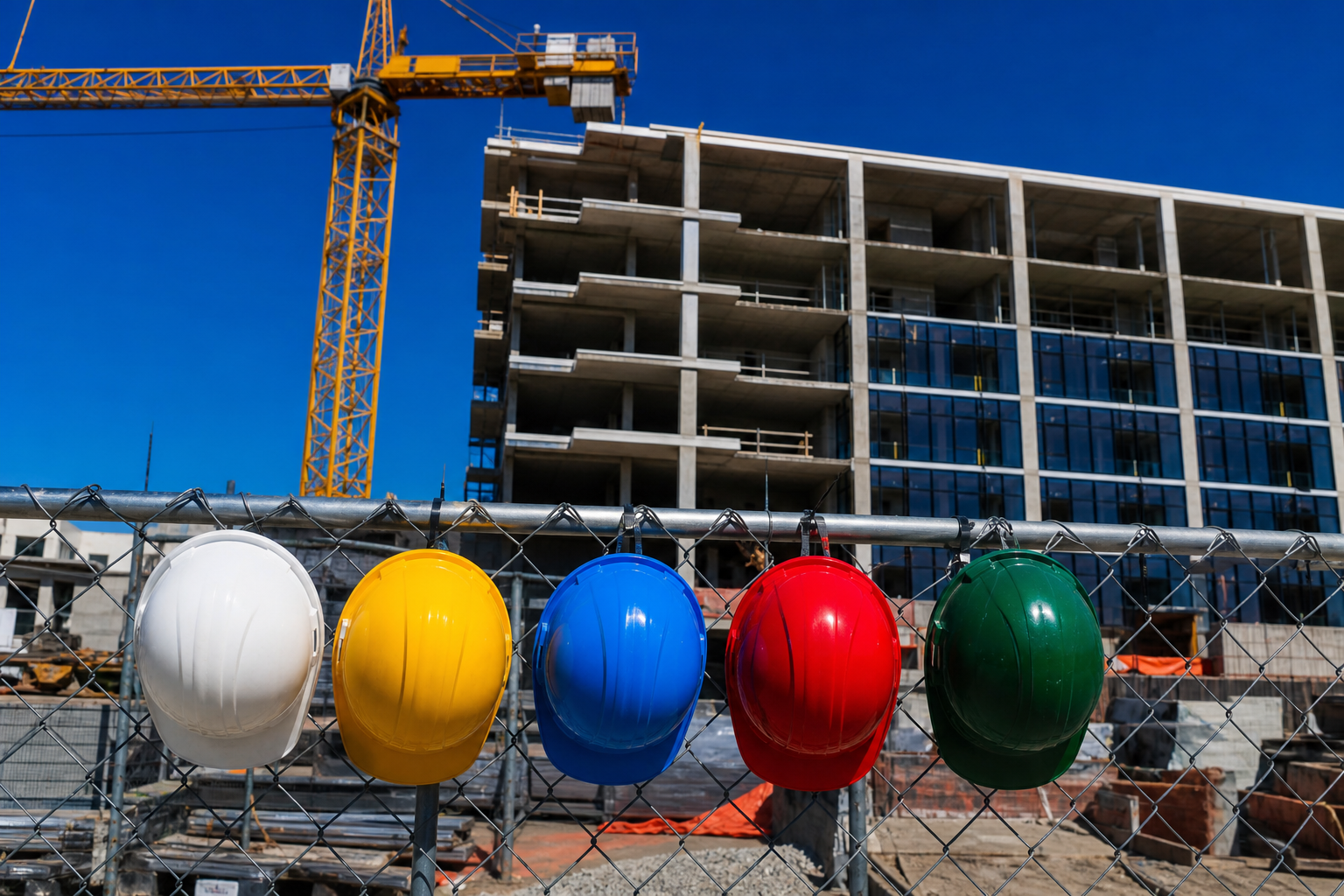 Hard hats in different colors hanging on a fence at a sunny construction site