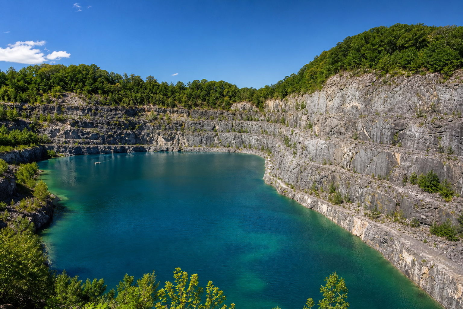 A quarry reservoir with turquoise water on a bright sunny day