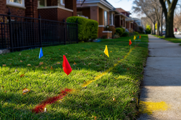 Colored utility marking flags on a Chicago parkway strip beside a sidewalk