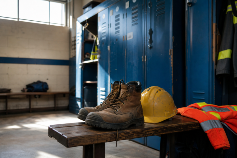 Work boots and a hard hat on a bench in a sunlit locker room