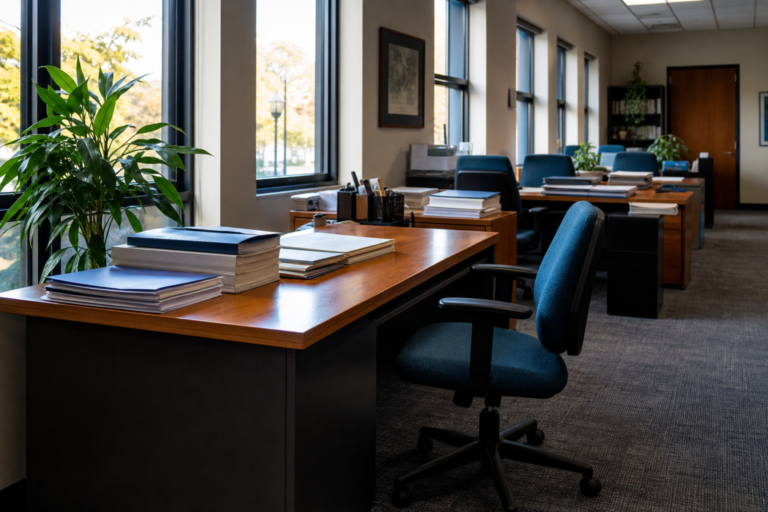 Rows of empty desks in a municipal office with tall windows