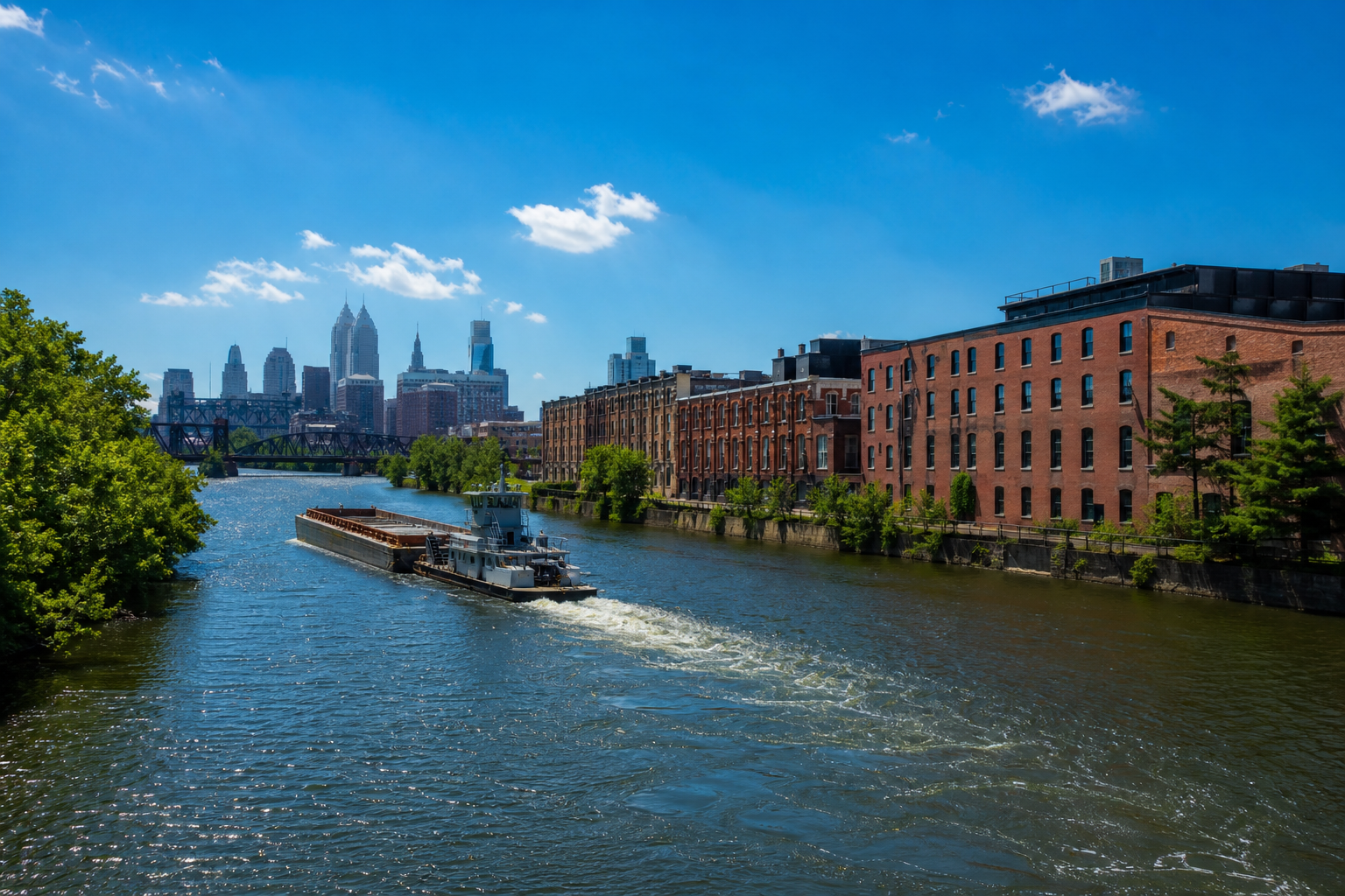 A barge on a river passing brick warehouses on a clear bright day