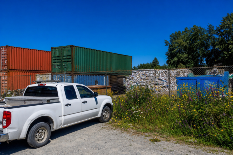 A city inspection truck beside a recycling yard on a sunny day