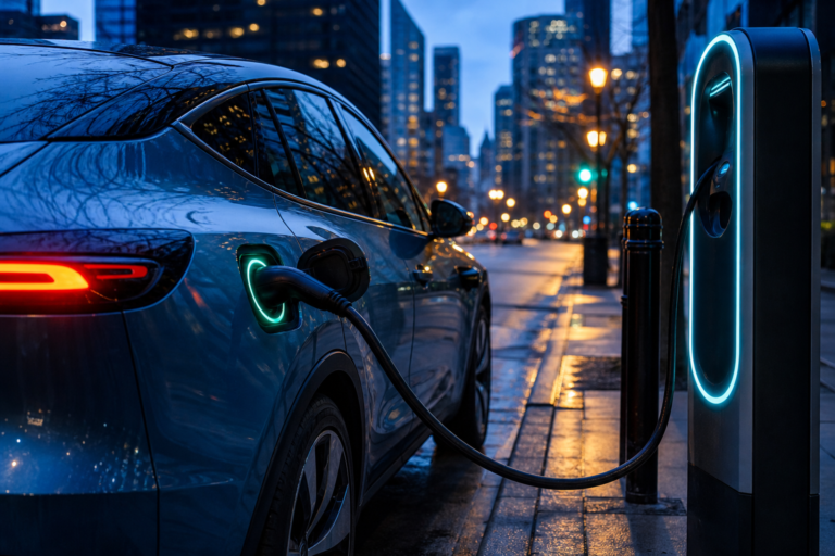 An electric car plugged into a public charging station on a Chicago street at dusk