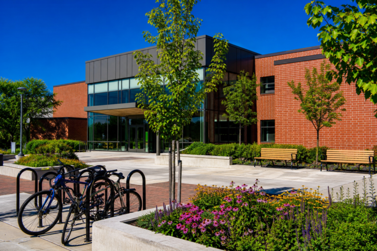 A public library branch with a small plaza and flowering planters on a sunny day