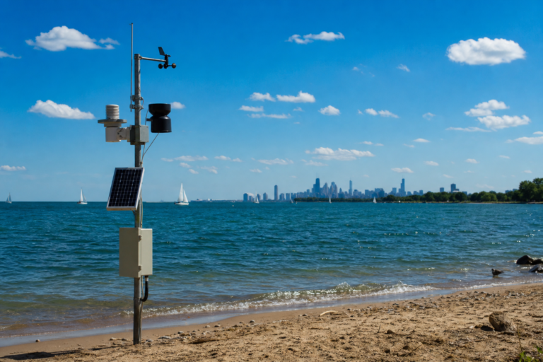 A weather station mast on a sunny beach beside a sparkling blue lake