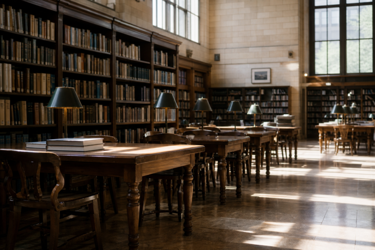 A sunlit public library reading room with tall shelves and wooden tables