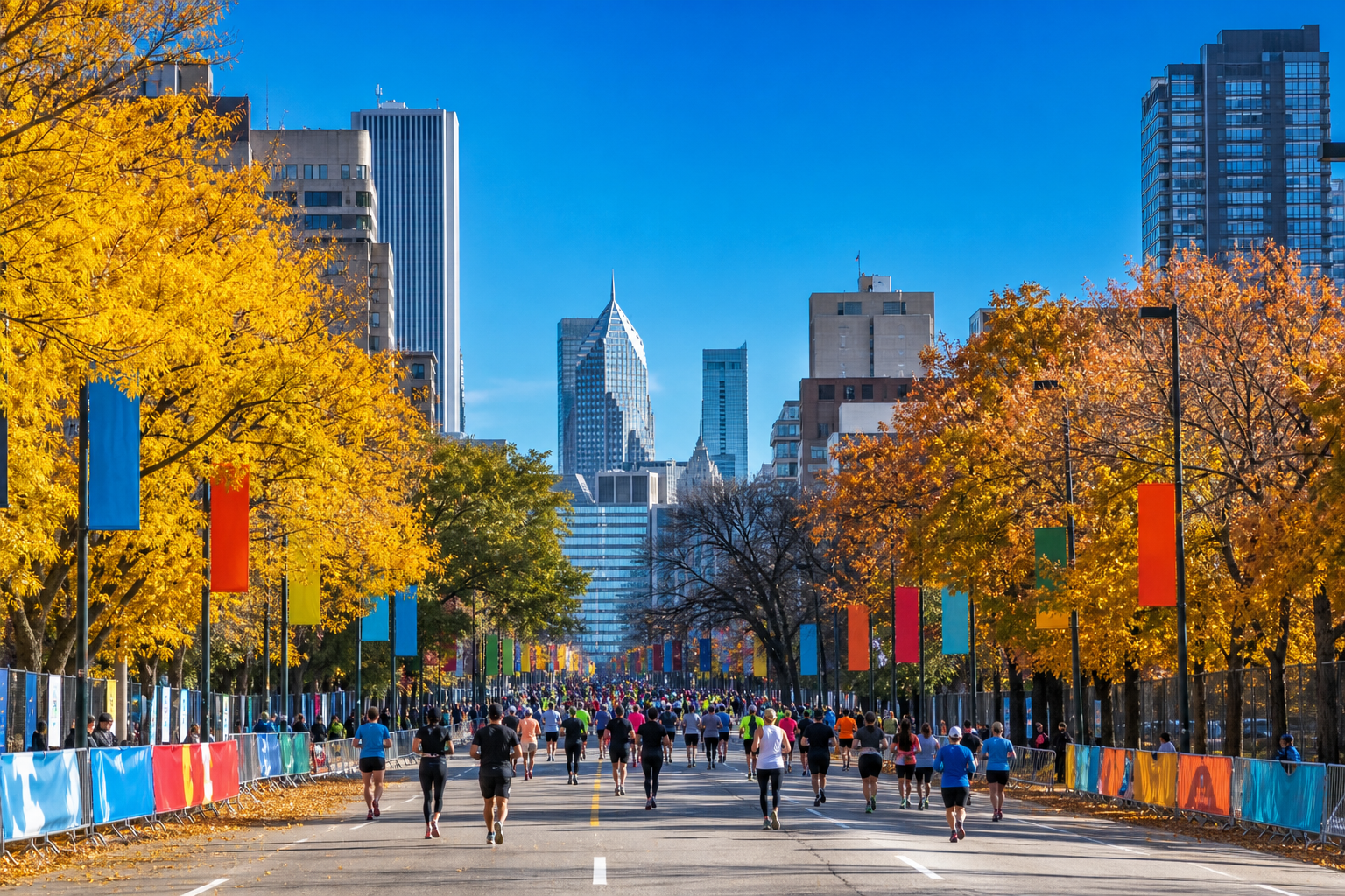 A downtown avenue closed for a marathon on a sunny autumn morning