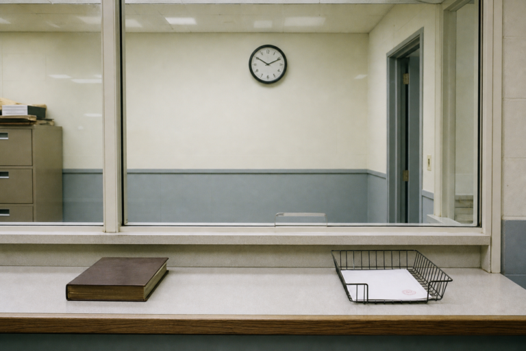 A quiet municipal records counter with a closed ledger and an empty paper tray