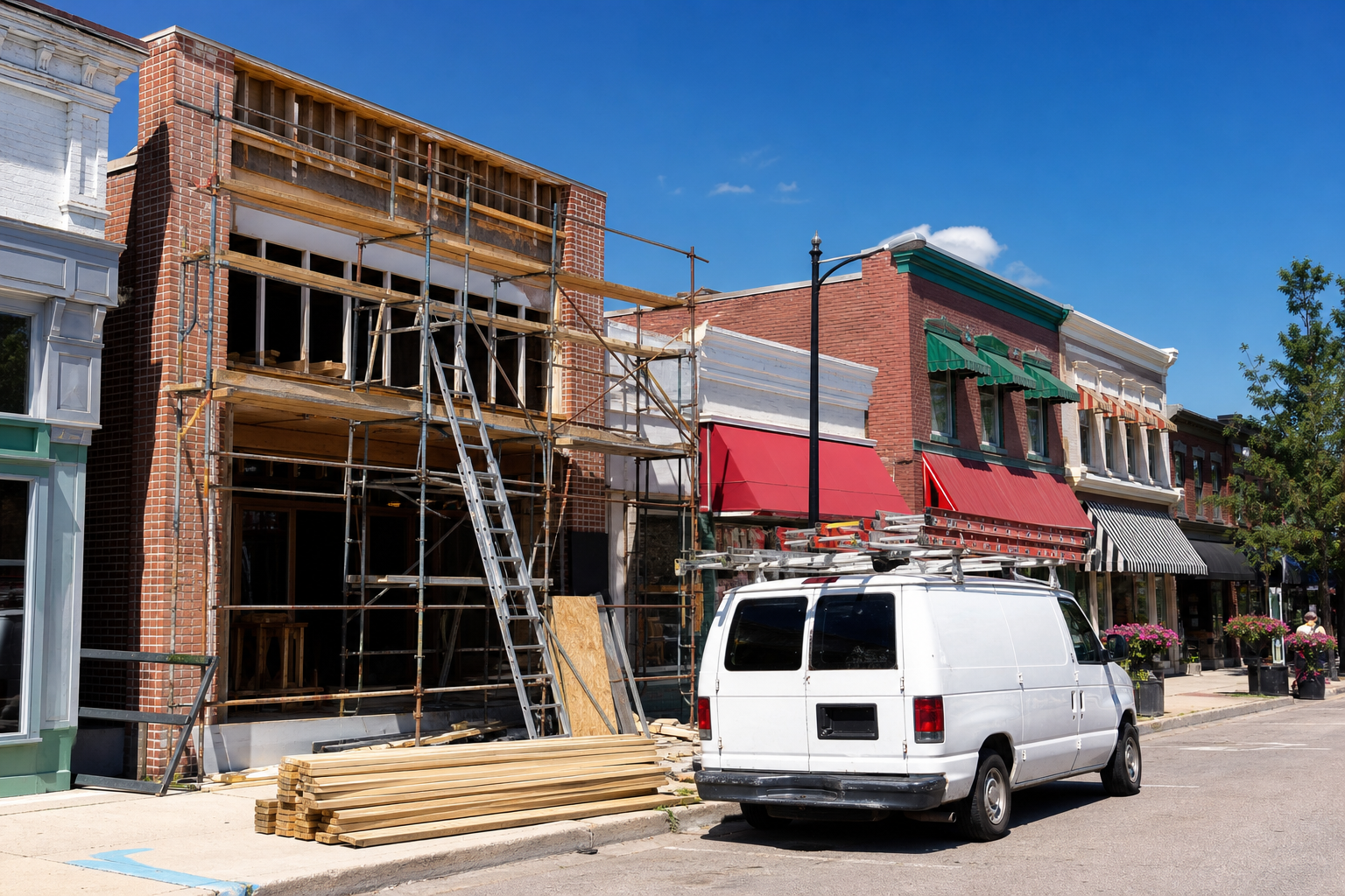 A storefront under renovation with a contractor's van on a sunny street