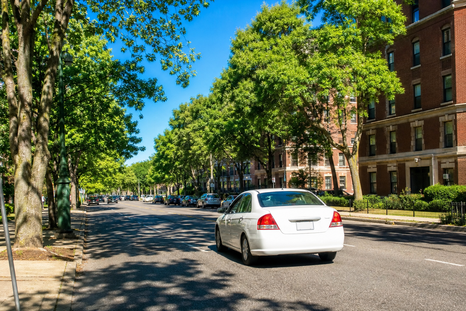 A white sedan driving down a sunny tree-lined boulevard