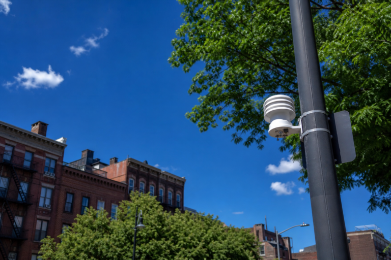 An air-quality sensor on a light pole under a clear blue sky