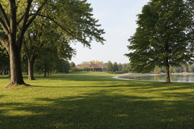 A broad city park lawn with mature trees and a lagoon edge