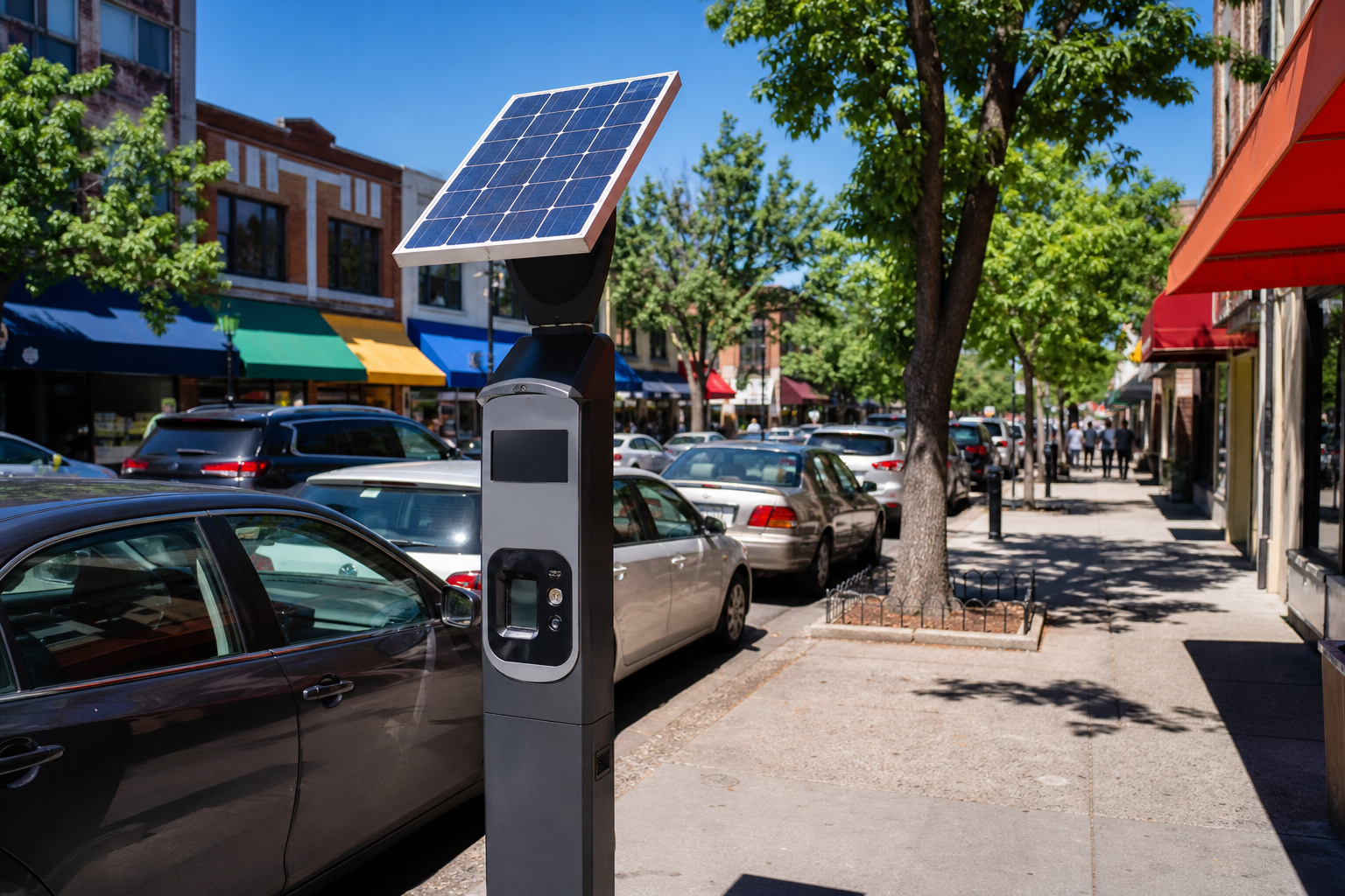 A parking pay box beside parked cars on a sunny commercial street