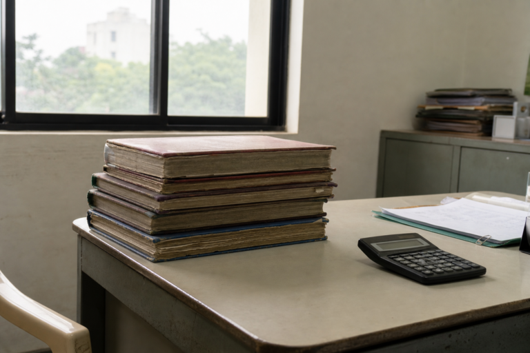 Ledger books and a calculator on a plain municipal office desk