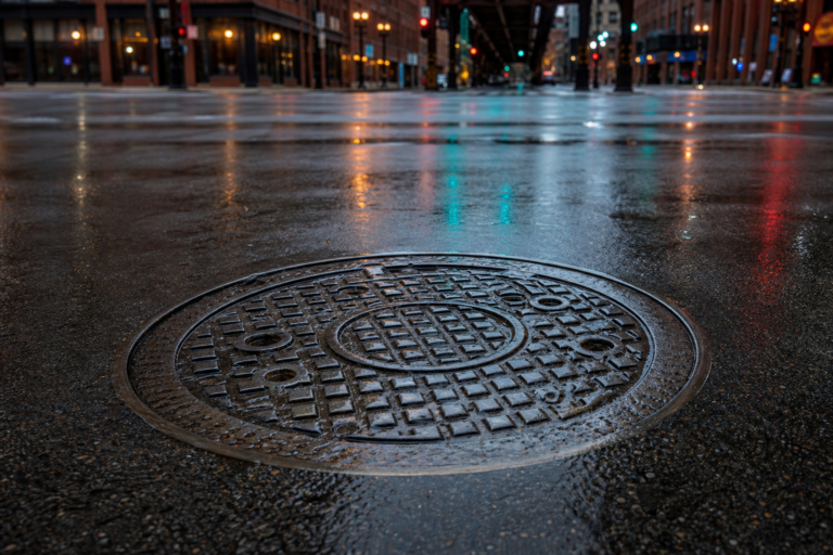 A steel manhole cover in a wet Chicago street