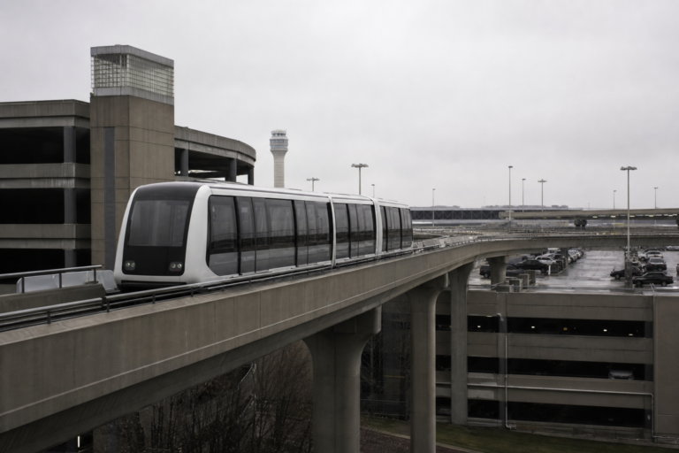 An automated airport people-mover train on an elevated concrete guideway