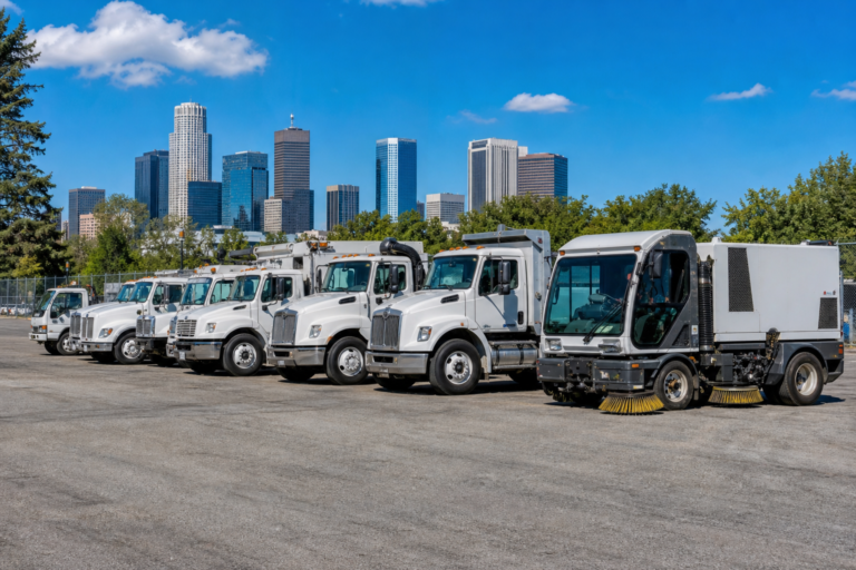 City work trucks and a street sweeper lined up in a fleet yard on a sunny morning