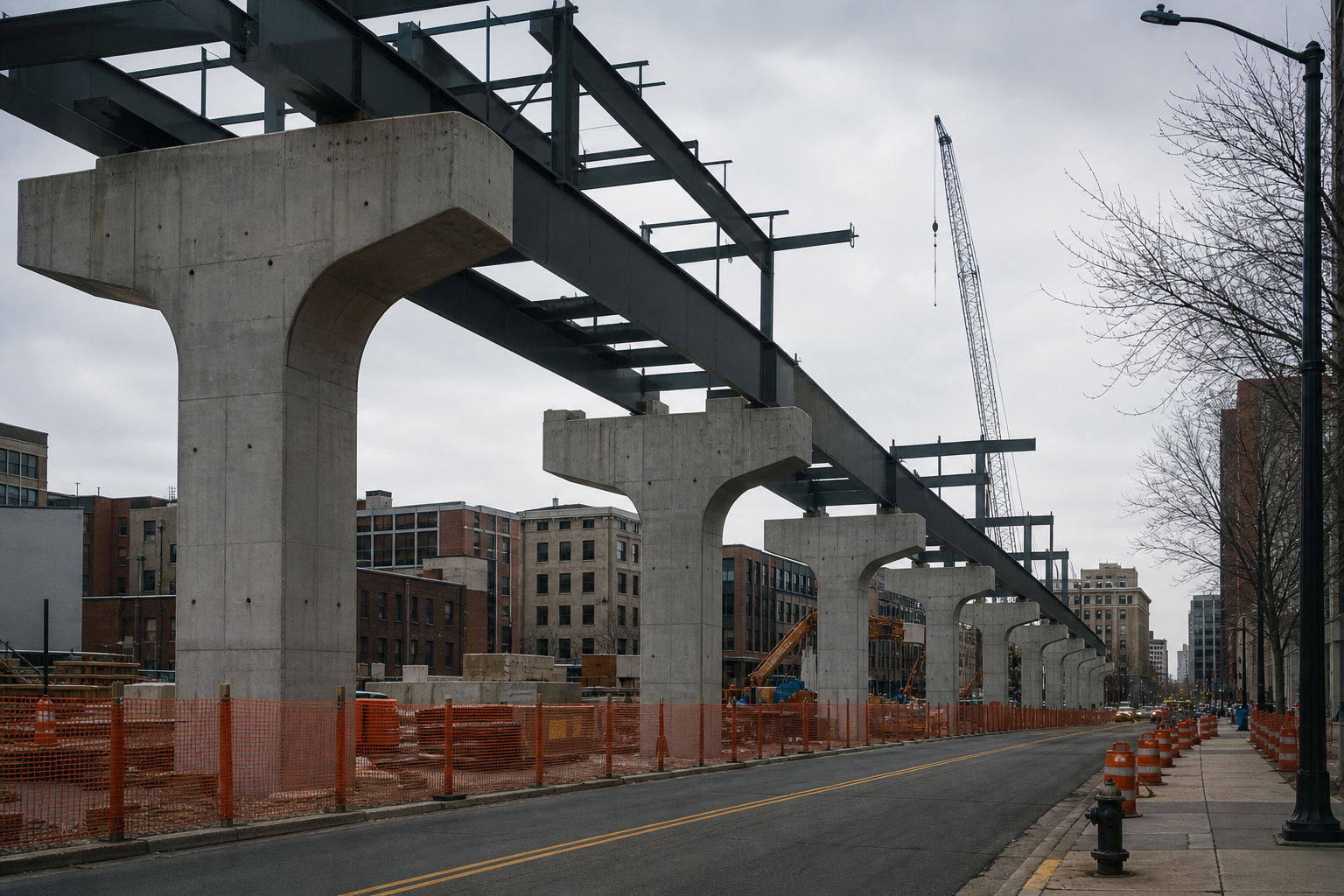 Concrete supports and steel beams for an elevated rail line under construction