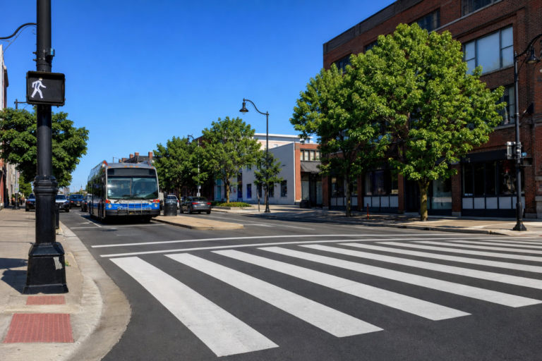 A crosswalk with a lit walk signal at a sunny city intersection