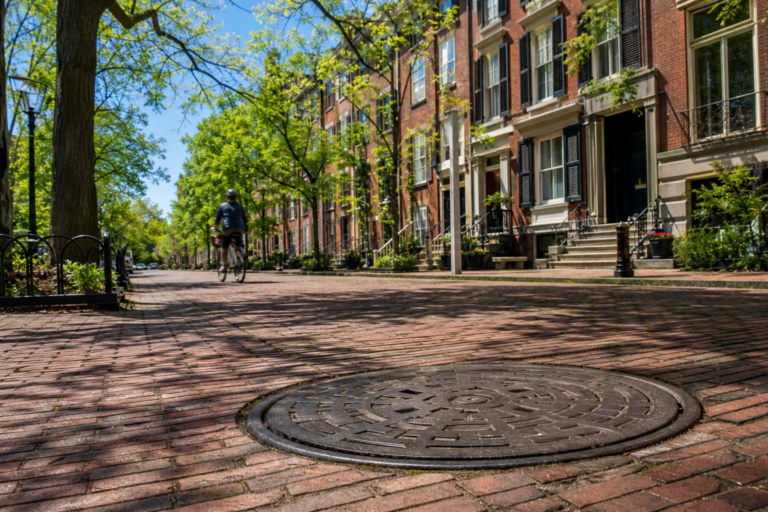 A manhole cover in a sunlit brick-paved street