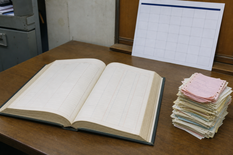 An open ledger book and calendar on a plain municipal office desk