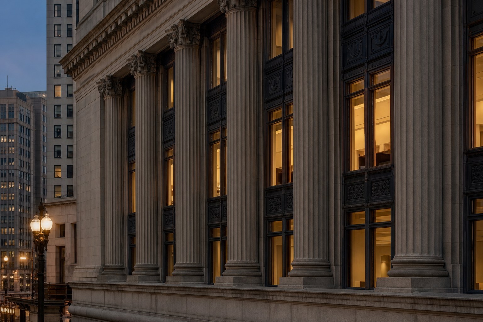 Tall granite columns of a classical government building in the Loop at dusk
