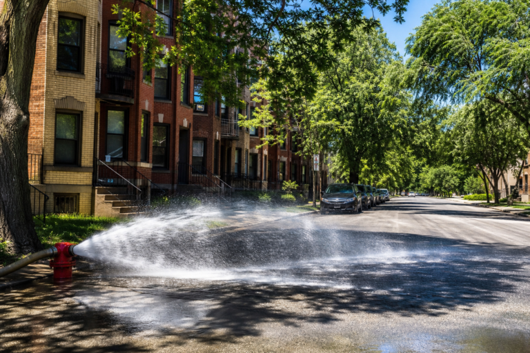 An open fire hydrant spraying water across a sunny tree-lined city street
