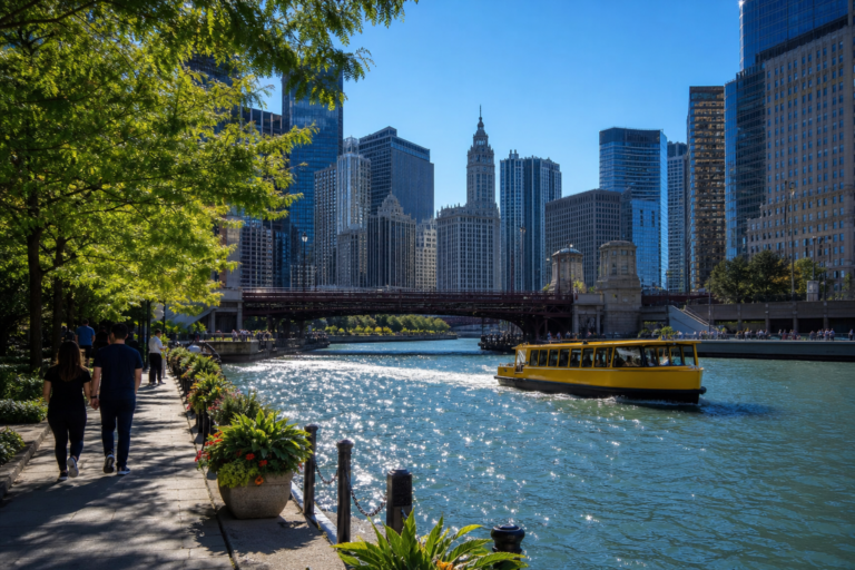 A downtown riverwalk on a clear bright morning with a boat passing