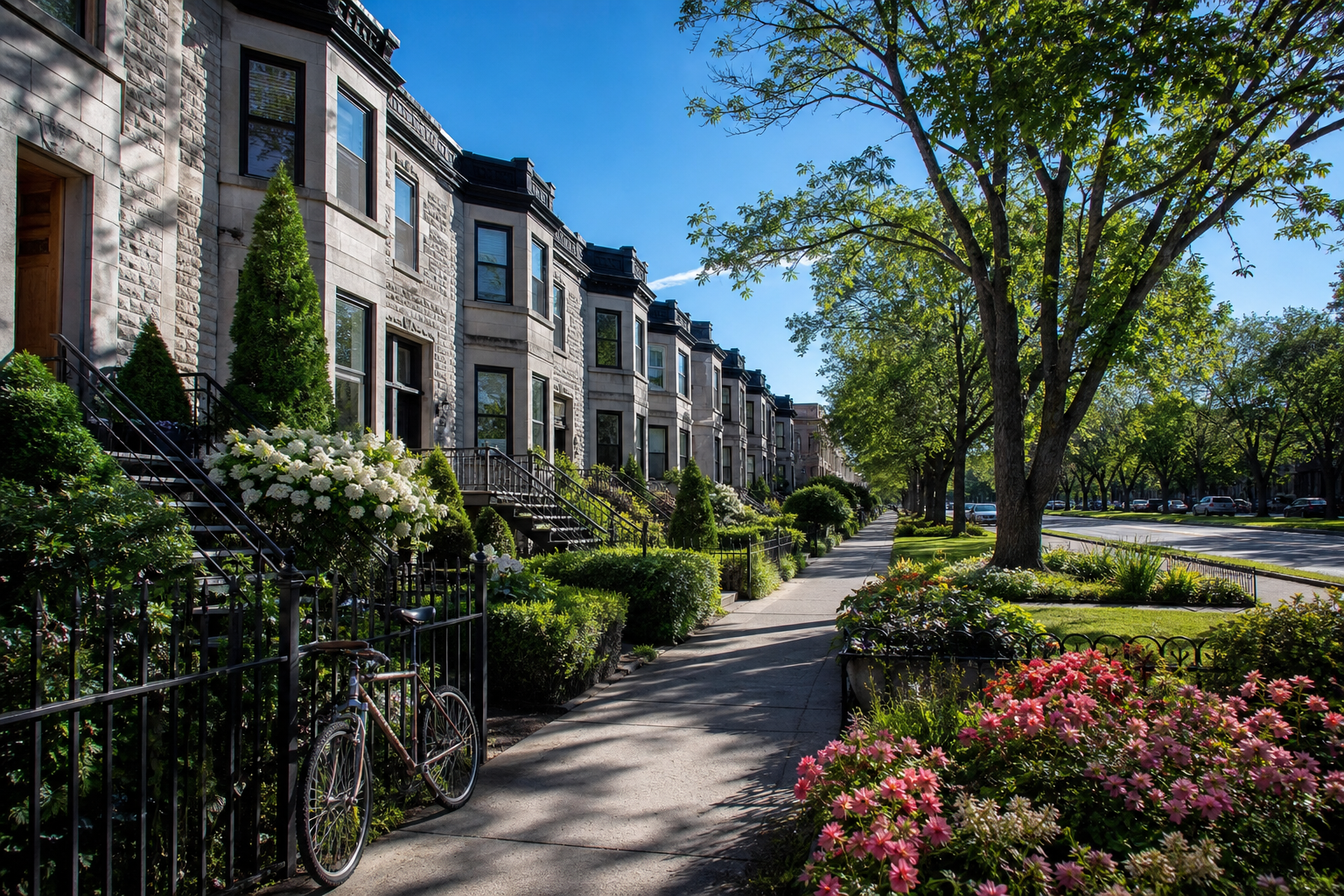 Greystone two-flats along a tree-lined boulevard on a sunny morning