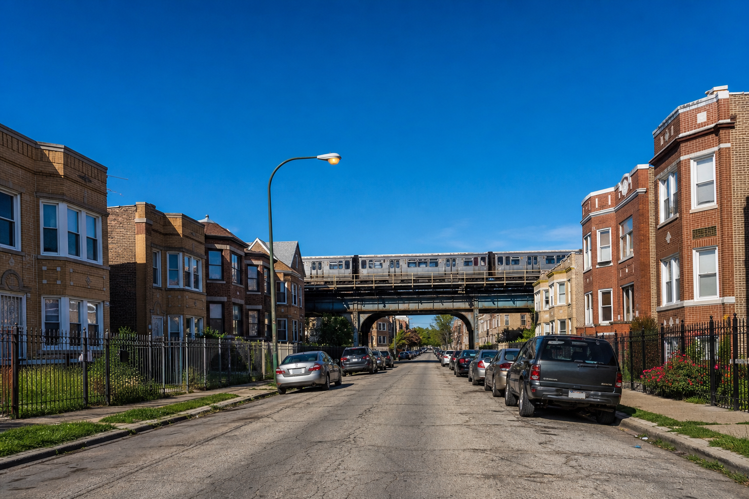 An elevated train platform above a level street of brick row houses and two-flats