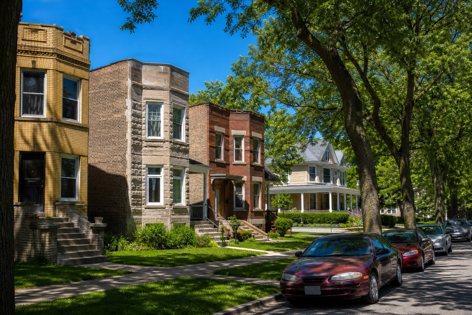 Brick and greystone two-flats and a Victorian house with a wide porch on a tree-lined street