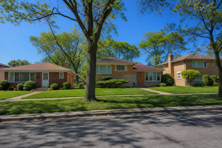 Brick raised ranch and split-level houses with wide lawns on a level street