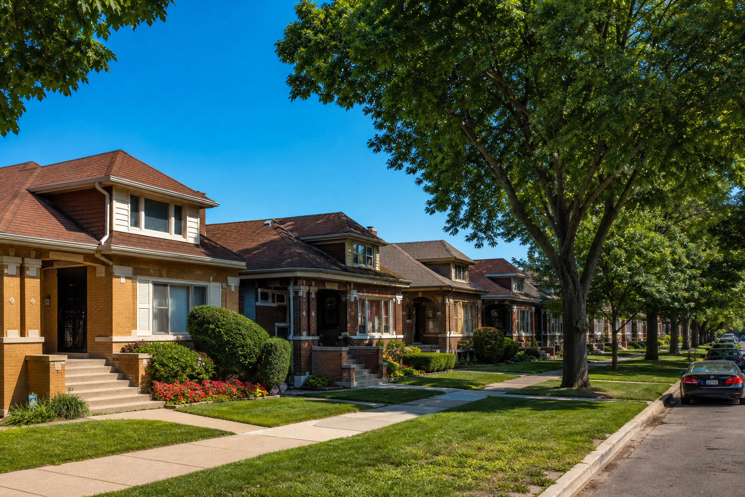 Brick bungalows with neat lawns and flower beds along a tree-lined street