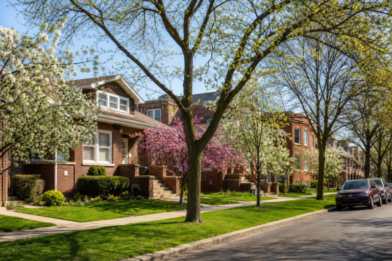 A row of brick bungalows and a two-flat under blooming trees on a spring morning