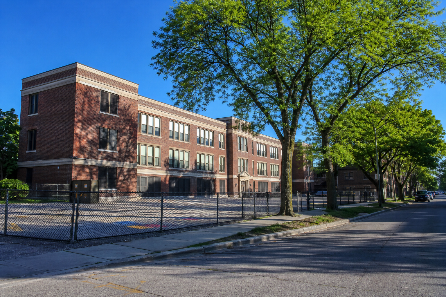 A three-story brick public school with tall windows on a sunny morning, its schoolyard empty