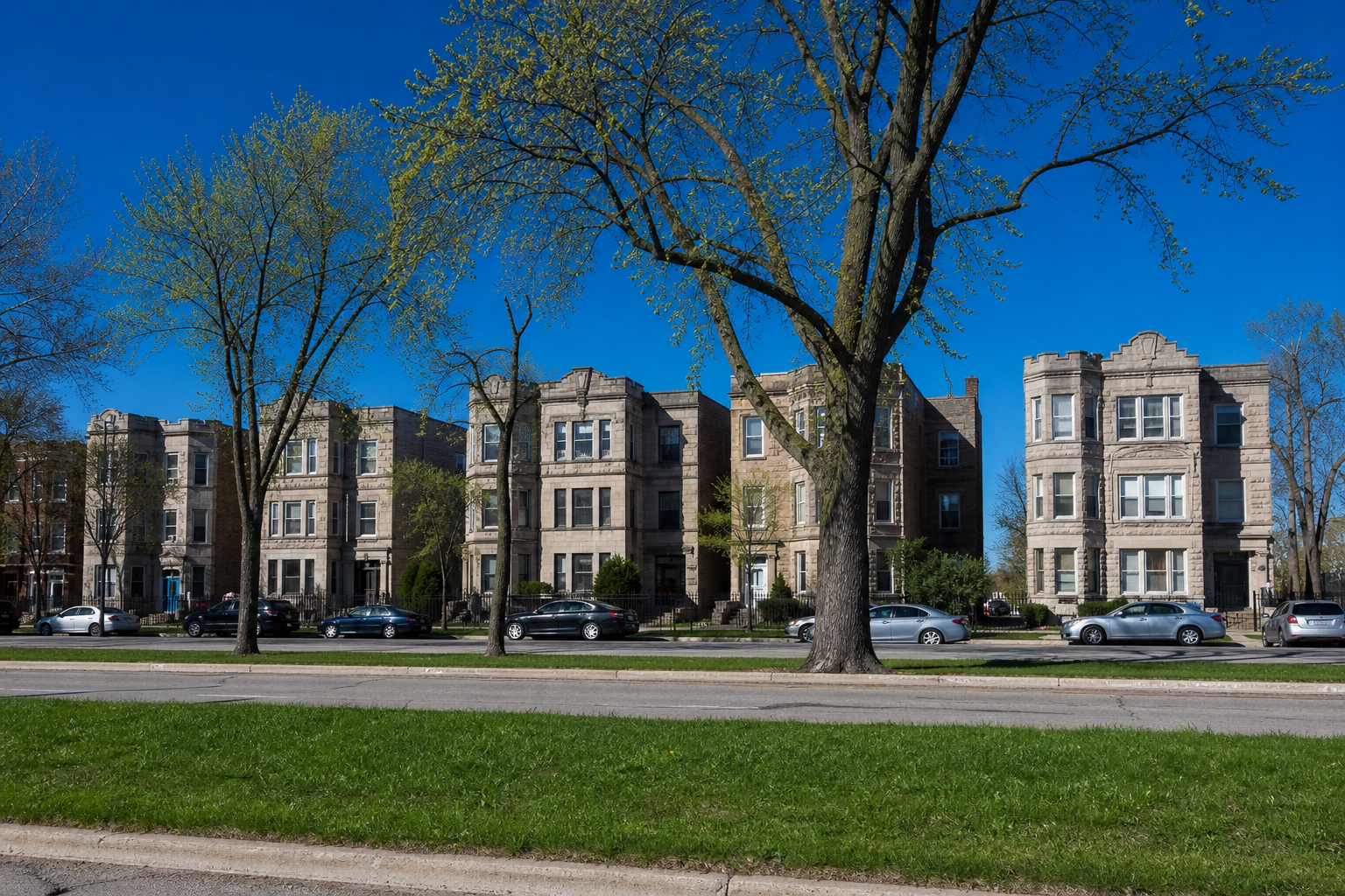 Greystone two-flats and three-flats facing a wide boulevard with a grassy median