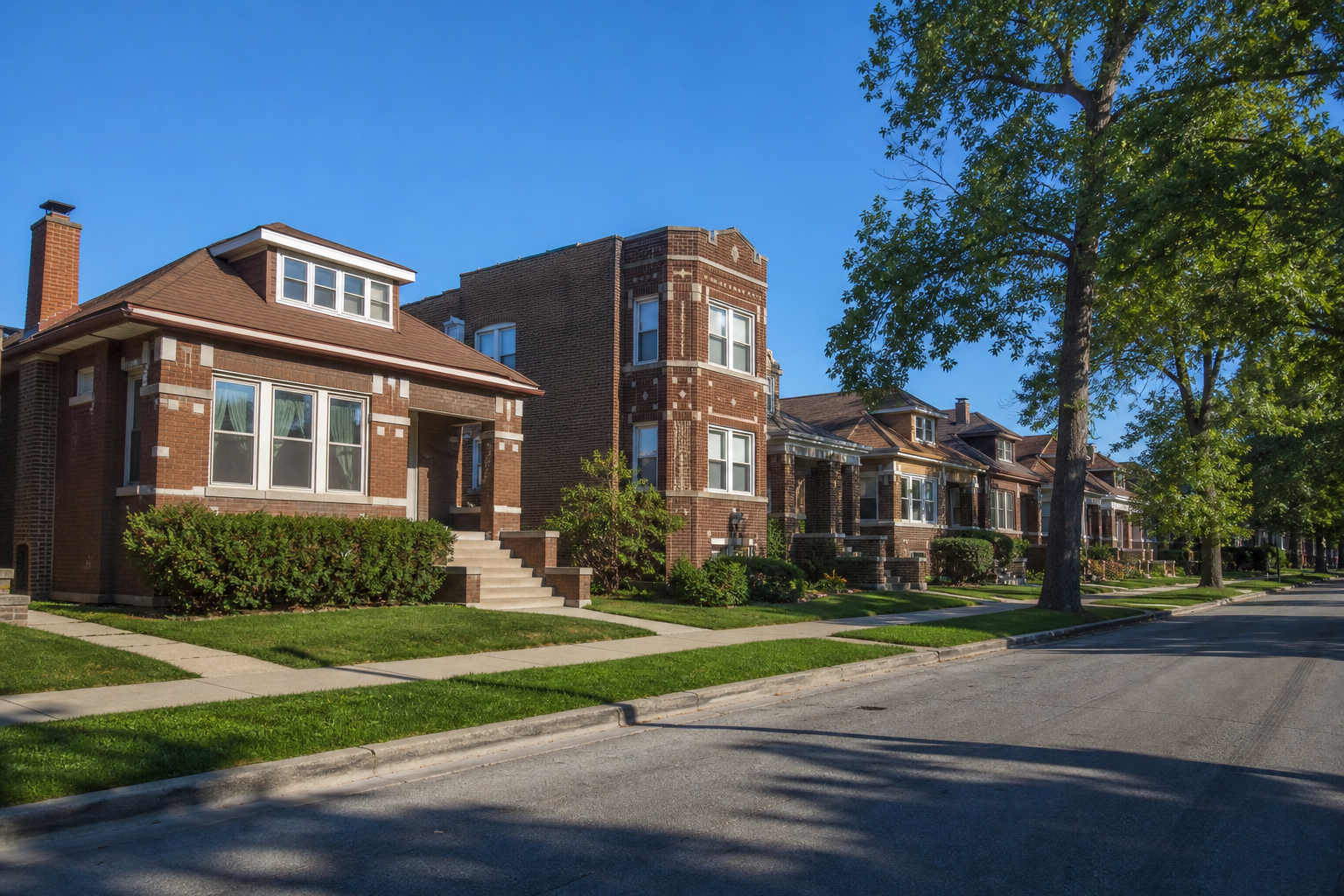 Brick bungalows and two-flats with green lawns along a tree-lined street