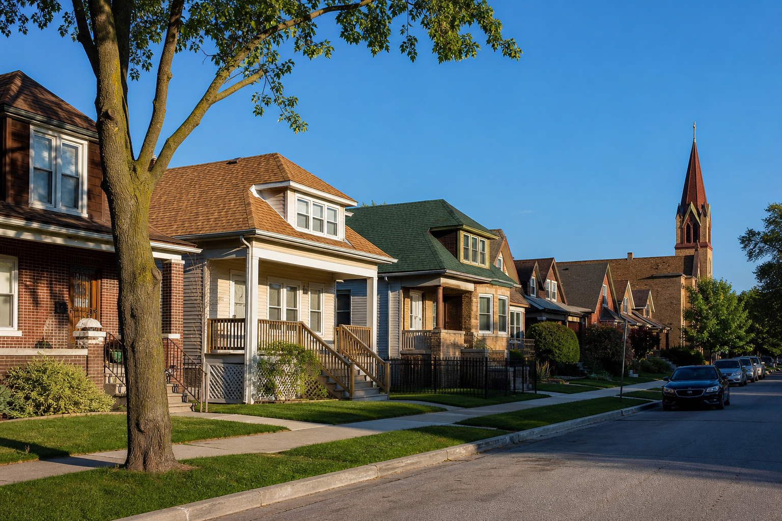 Modest brick and frame houses with front porches on a quiet, level street