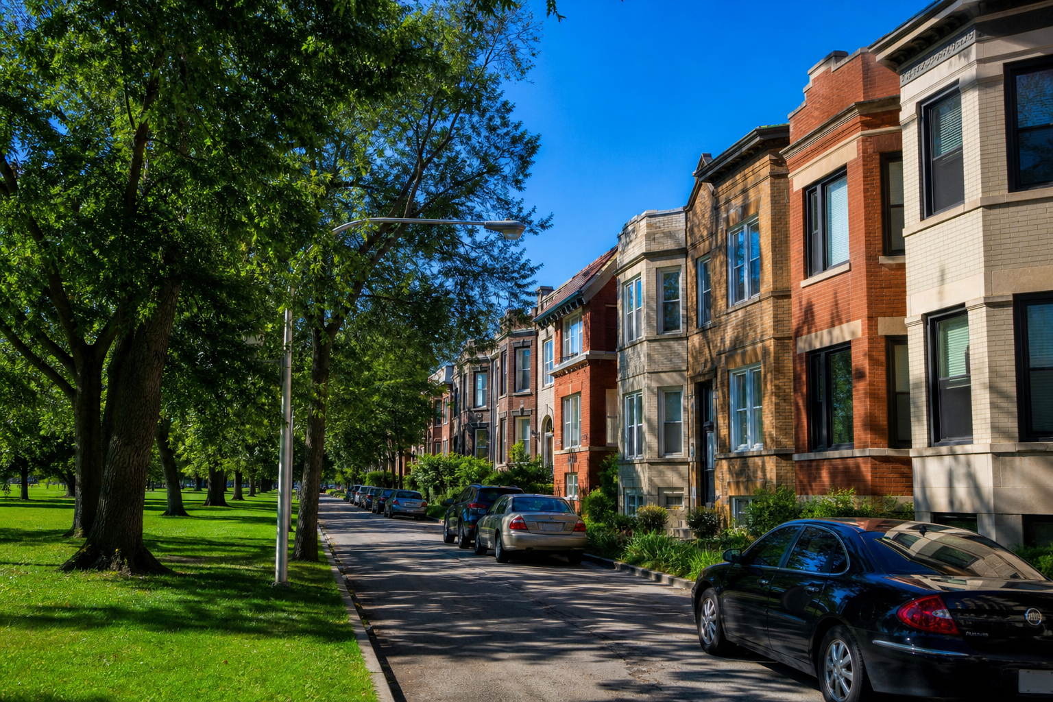 Greystone and brick two-flats facing a large green park on a sunny afternoon