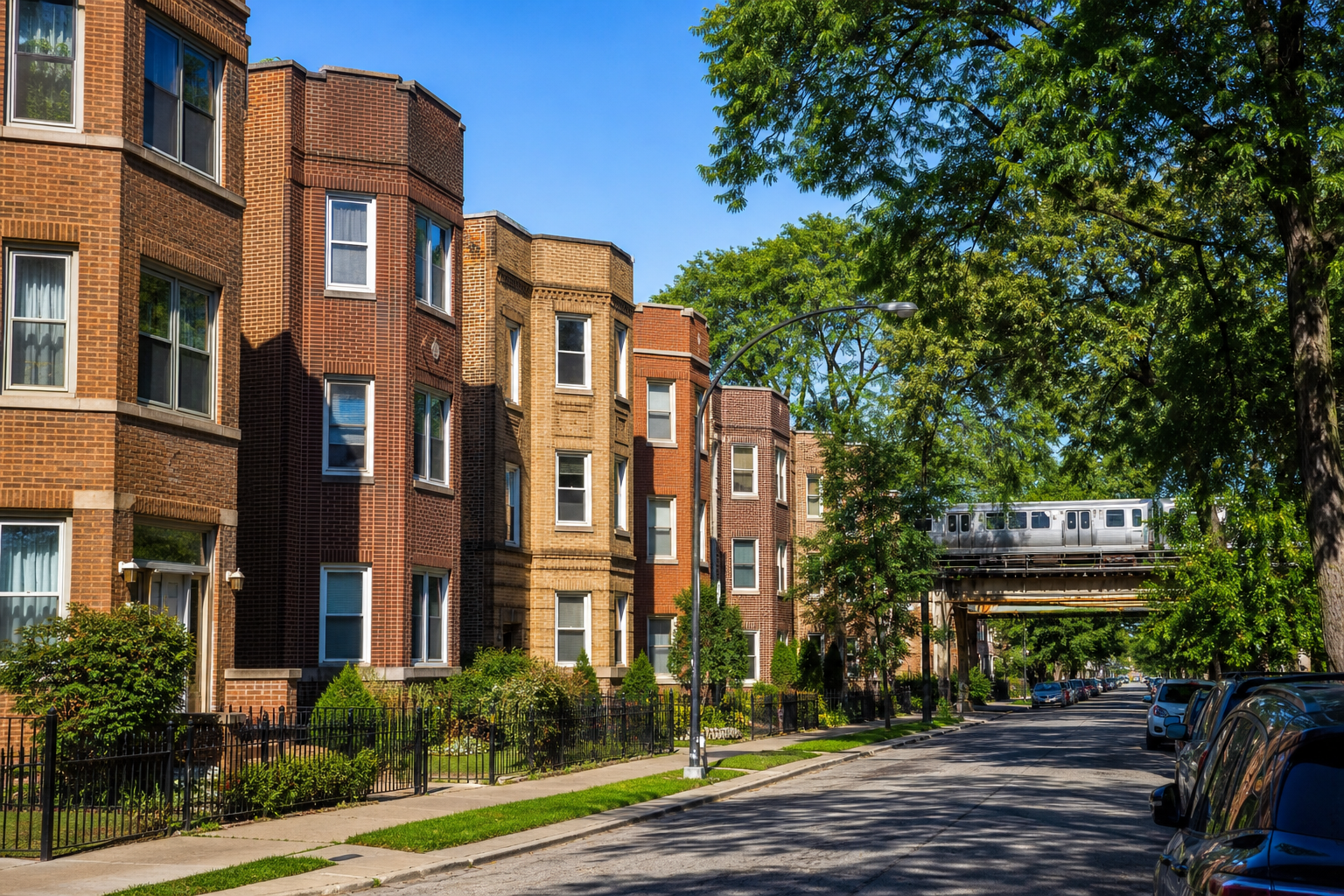 Brick two-flats and three-flats with bay windows on a level street, elevated train tracks beyond