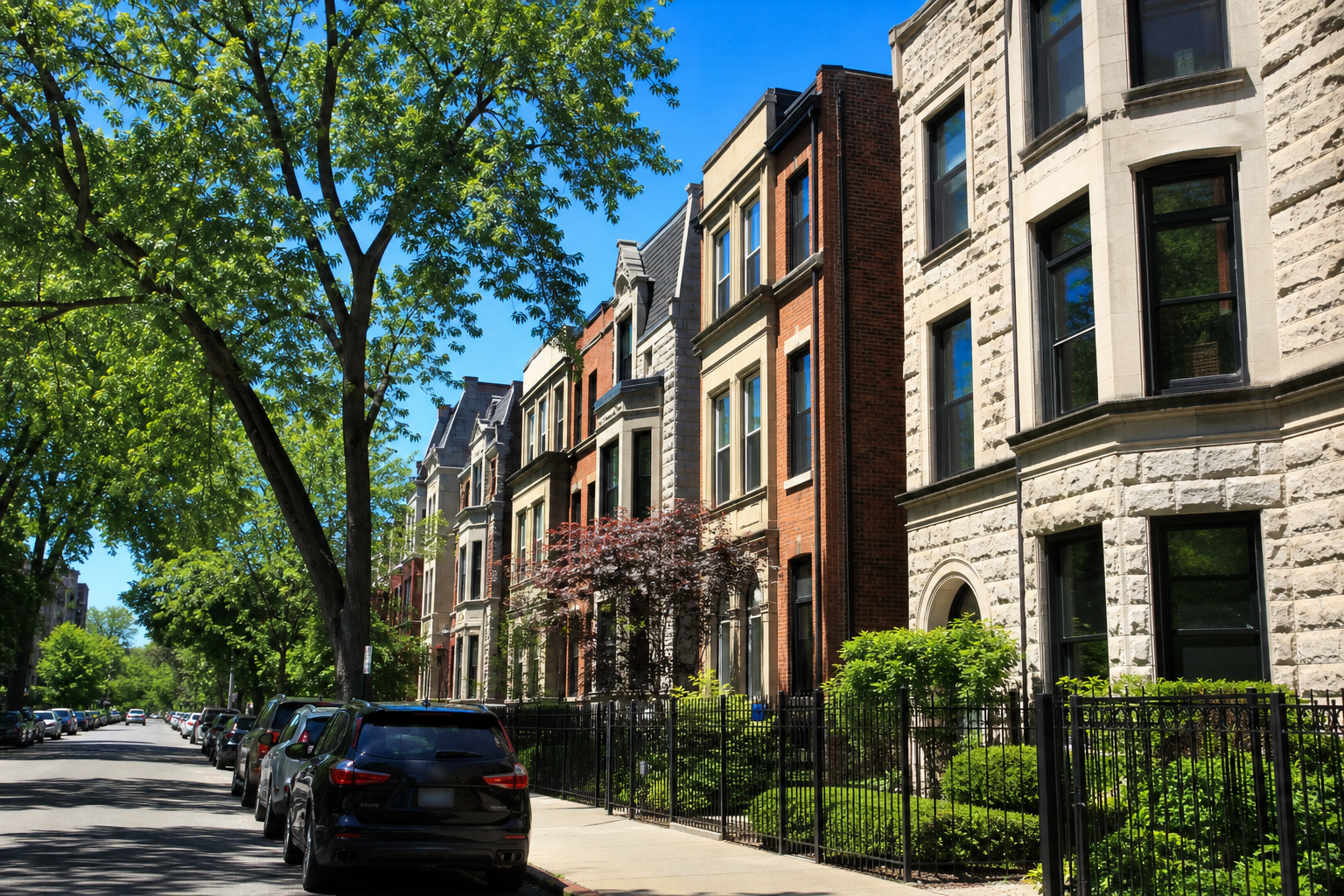 Limestone greystones and brick rowhouses with front gardens on a shaded street