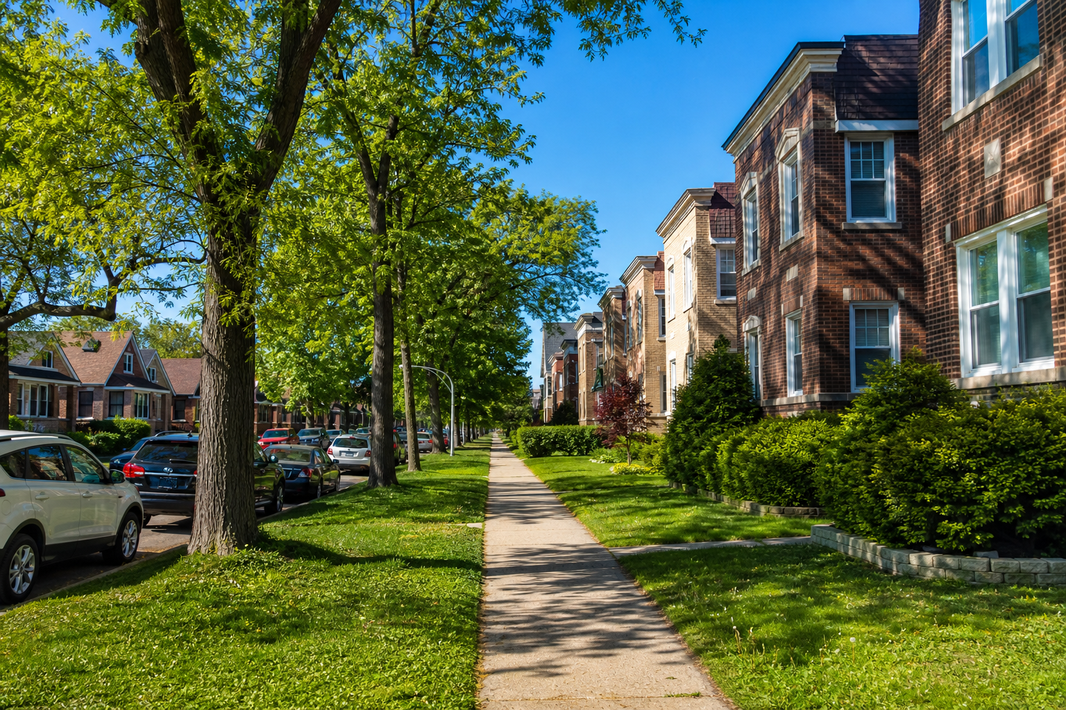 Brick bungalows and two-flats with front lawns on a level, tree-lined street