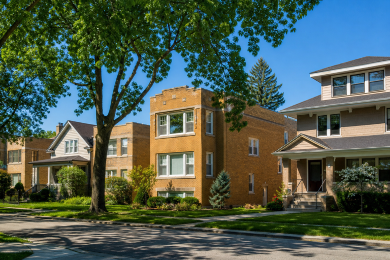 Brick two-flats beside wide single-family houses with porches on a tree-lined street