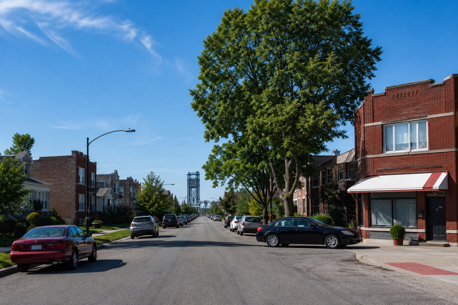 Brick two-flats on a level, sunny street with a steel lift bridge in the distance