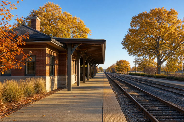 A suburban commuter rail platform south of Chicago on a bright autumn morning