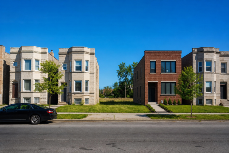 Greystone two-flats beside a new infill house and a grassy lot on a level street